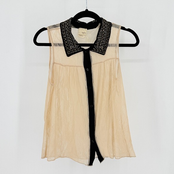 Daytrip Tops - Festival Studded Lace Sheer Top. Sleeveless Beige Black Small Y2K Fairy Grunge